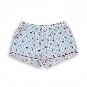 Cherry Gingham Rayon Lounge Shorts L Blue White